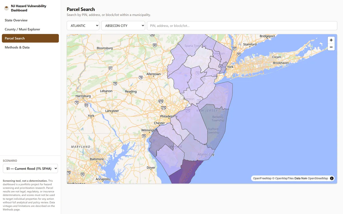 The parcel search view, with county and municipality selectors above a search box for PIN, address, or block and lot, and the statewide scenario map below.