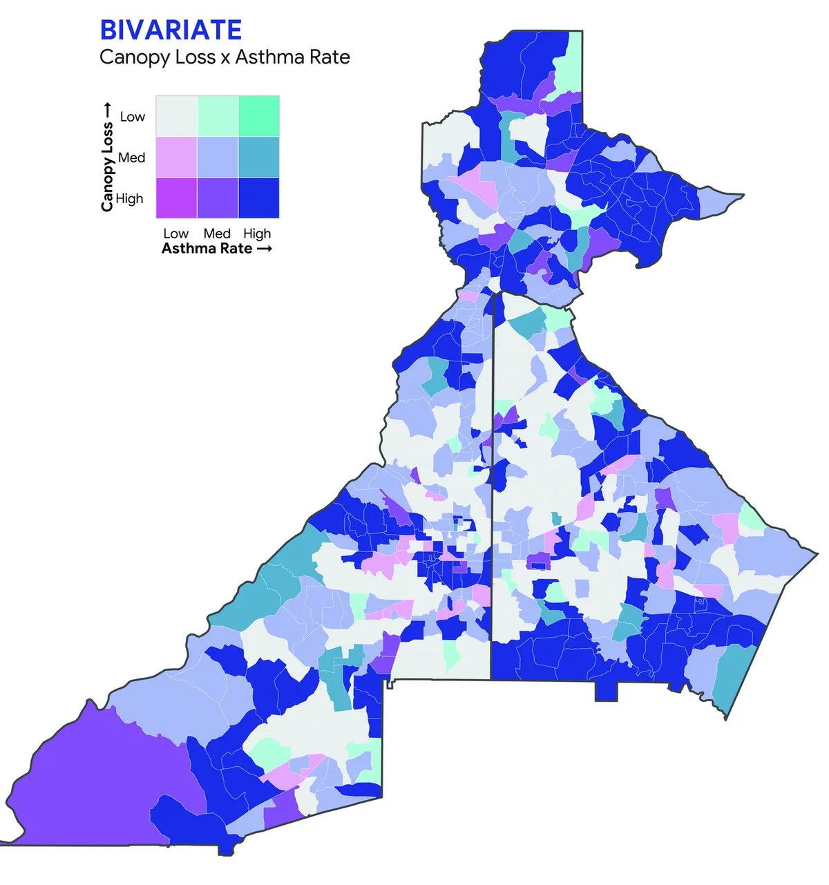 Bivariate choropleth of Atlanta metro census tracts encoding tree canopy loss against asthma rate on a three-by-three colour legend, with high-high tracts concentrated in a band through the centre and south of the metro.