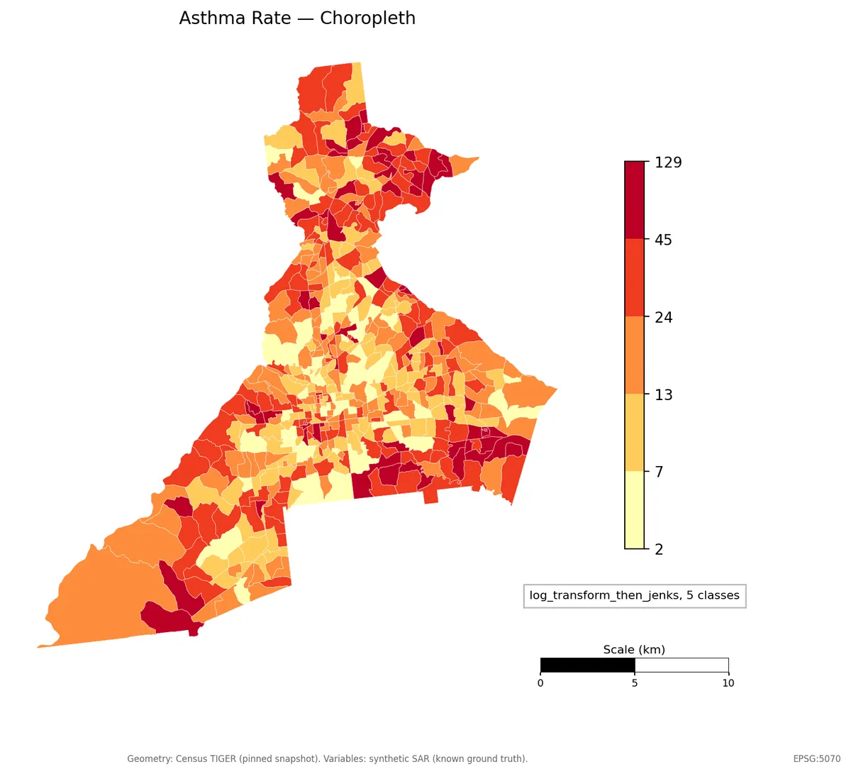 Choropleth titled Asthma Rate, mapping Atlanta metro census tracts on a yellow-to-red ramp with a five-class legend, annotated log_transform_then_jenks, 5 classes.