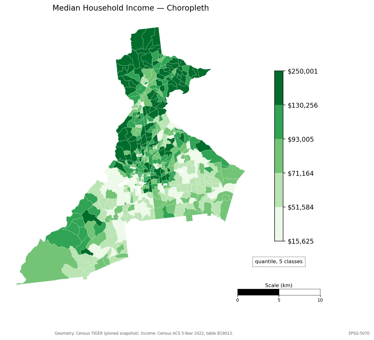 Choropleth titled Median Household Income, mapping Atlanta metro census tracts on a white-to-green ramp with a five-class legend showing dollar break values, annotated quantile, 5 classes.