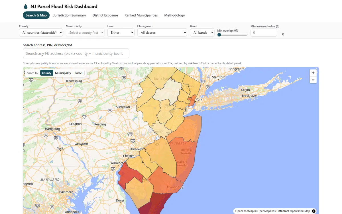 The dashboard's statewide view: a choropleth of New Jersey municipalities shaded by flood-risk score from none through severe, with a search box, filter controls, and a summary panel of parcel counts and assessed value.