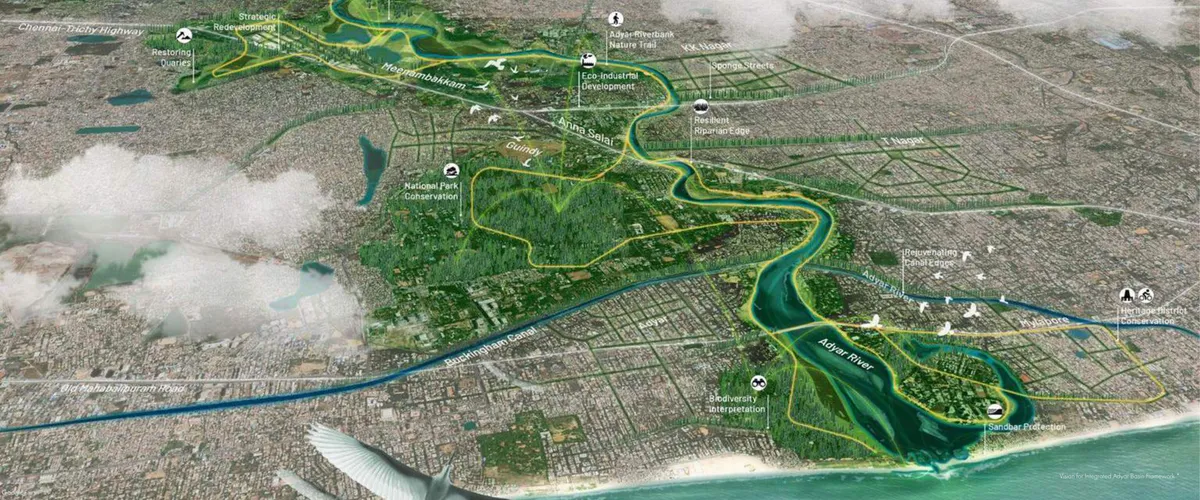 Full-bleed aerial rendering of the Adyar River from its inland reaches through Guindy National Park, Anna Salai, and Mylapore to its estuary at the Bay of Bengal, annotated with strategic moves: restoring quarries, eco-industrial development, sponge streets, resilient riparian edge, heritage district conservation, biodiversity interpretation, and sandbar protection.